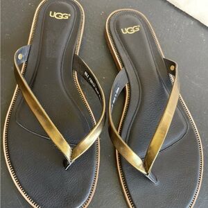 Ugg Metallic Gold Black Leather Flip Flop Thong Sandals Womens Size 8.5 F30013J